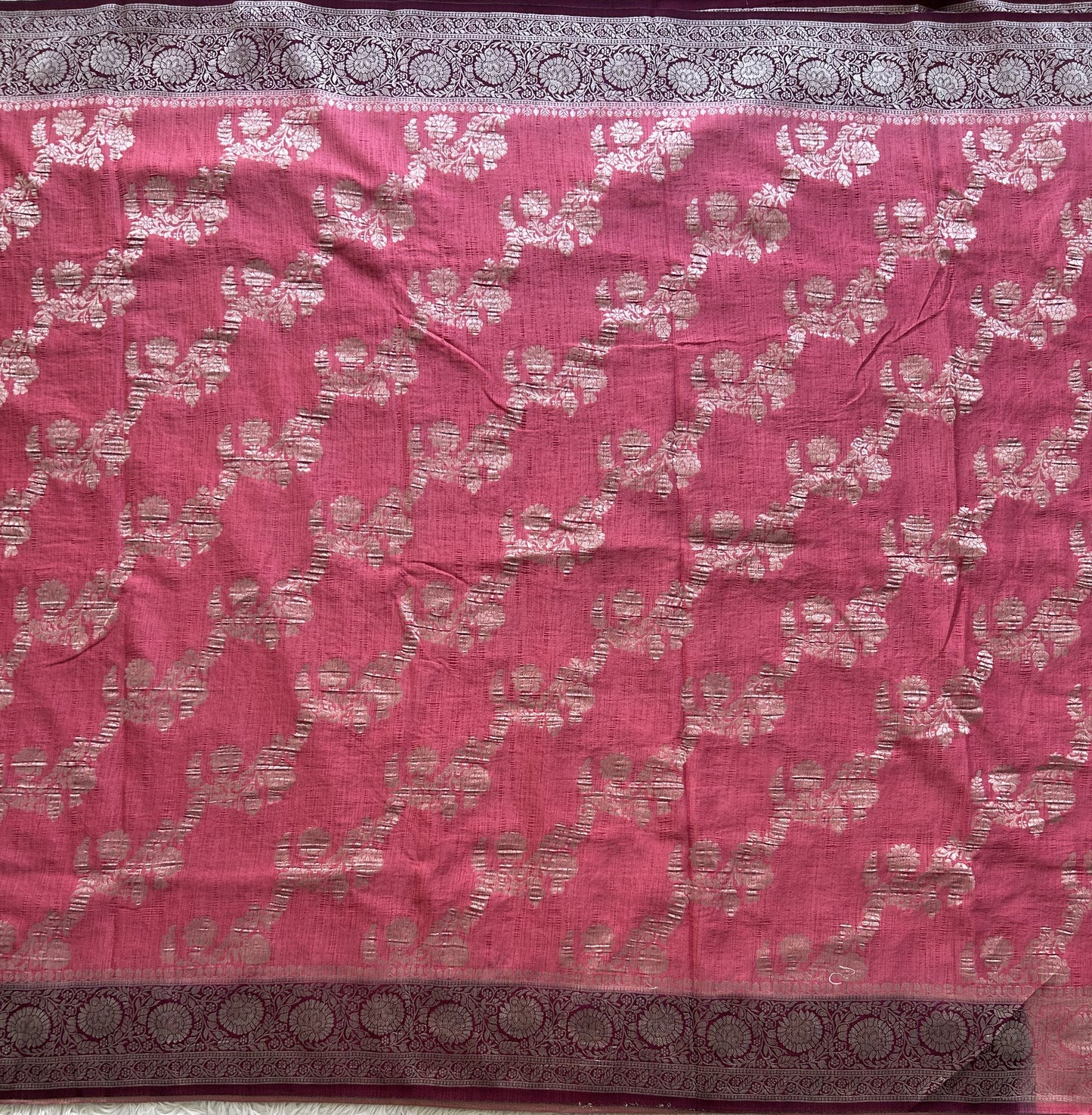 Pink Banarasi Semi Tussar Georgette Saree with Sliver Zari Border — Lightweight Festive Wear - Sampradaya Designer Studio