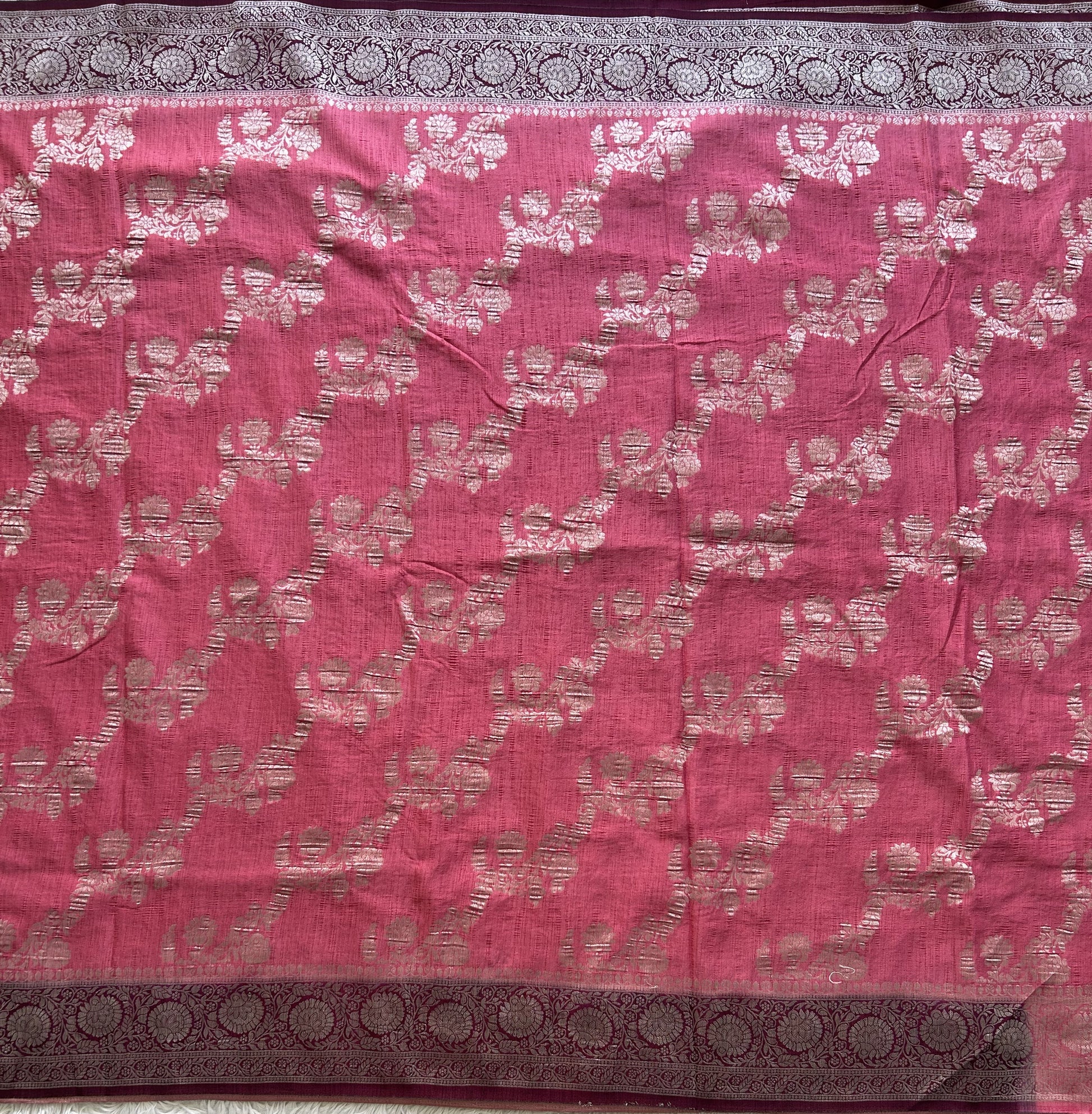 Pink Banarasi Semi Tussar Georgette Saree with Sliver Zari Border — Lightweight Festive Wear - Sampradaya Designer Studio