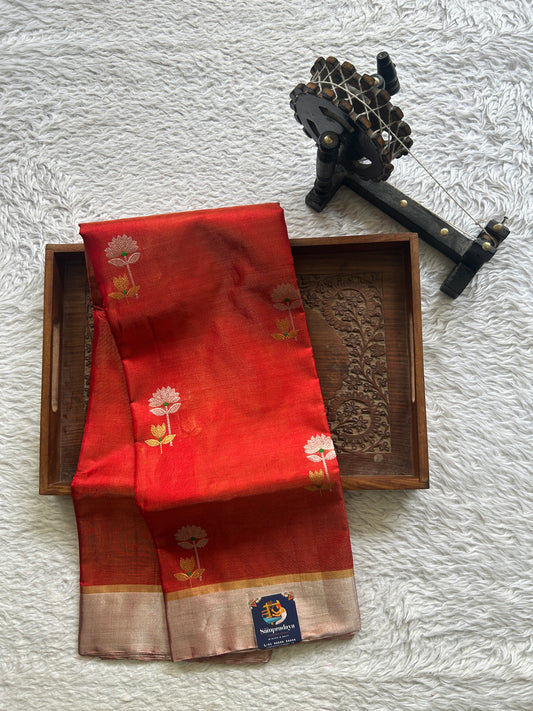 Chanderi Silk Saree Orange color Elegantly Paired with a Silver Zari border ko - Sampradaya Designer Studio