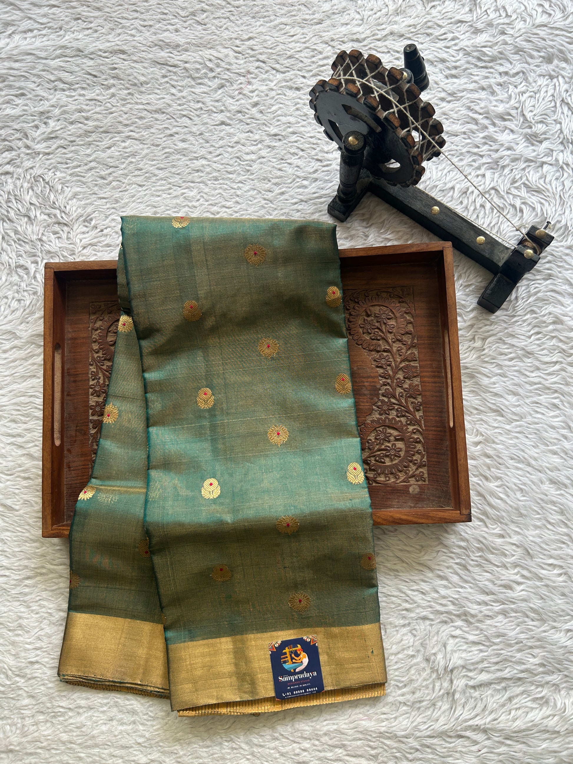Chanderi Silk Saree Turquoise Green color Elegantly Paired with a Gold Zari border - Sampradaya Designer Studio