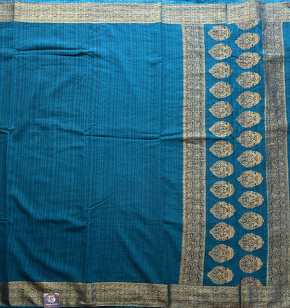 Peacock Blue Banarasi Semi Tussar Georgette Saree with Sliver Zari Border — Lightweight Festive Wear