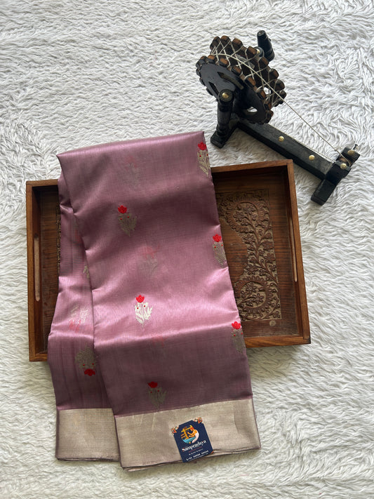 Chanderi Silk Saree Lilac color Elegantly Paired with a Silver Zari border - Sampradaya Designer Studio