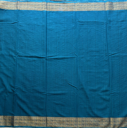 Peacock Blue Banarasi Semi Tussar Georgette Saree with Sliver Zari Border — Lightweight Festive Wear