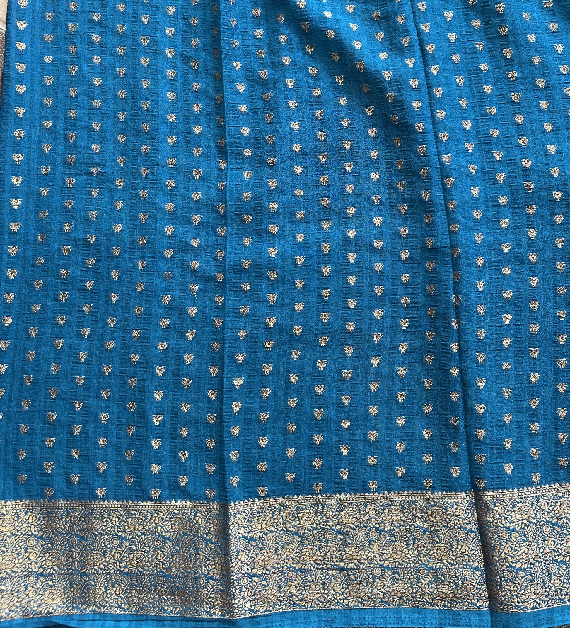 Peacock Blue Banarasi Semi Tussar Georgette Saree with Sliver Zari Border — Lightweight Festive Wear - Sampradaya Designer Studio