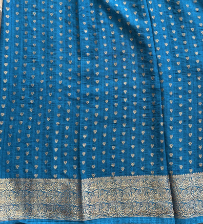 Peacock Blue Banarasi Semi Tussar Georgette Saree with Sliver Zari Border — Lightweight Festive Wear