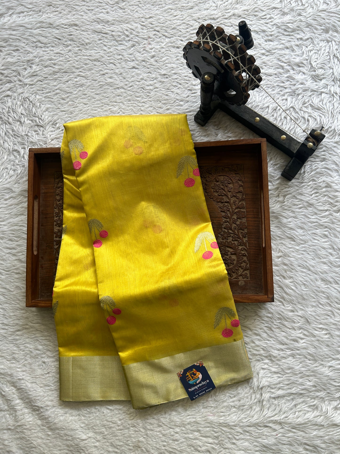 Chanderi Silk Saree Yellow color Elegantly Paired with a Silver Zari border - Sampradaya Designer Studio