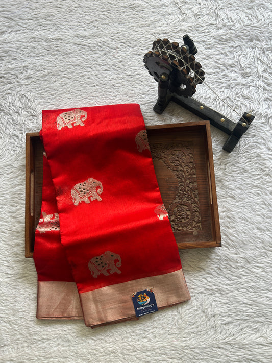 Chanderi Silk Saree Red color Elegantly Paired with a Silver Zari border - Sampradaya Designer Studio
