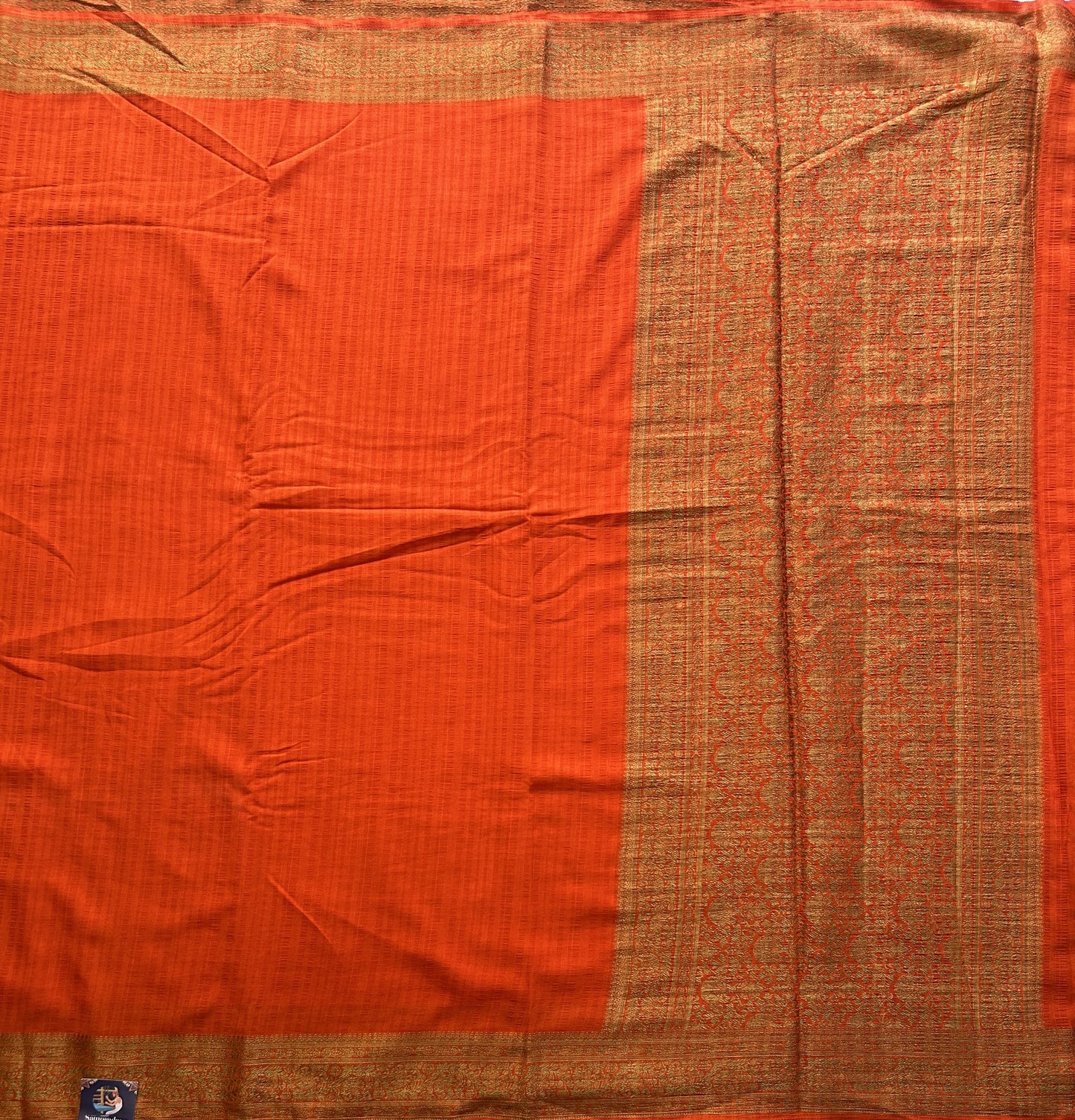 Orange Banarasi Semi Tussar Georgette Saree with Sliver Zari Border — Lightweight Festive Wear