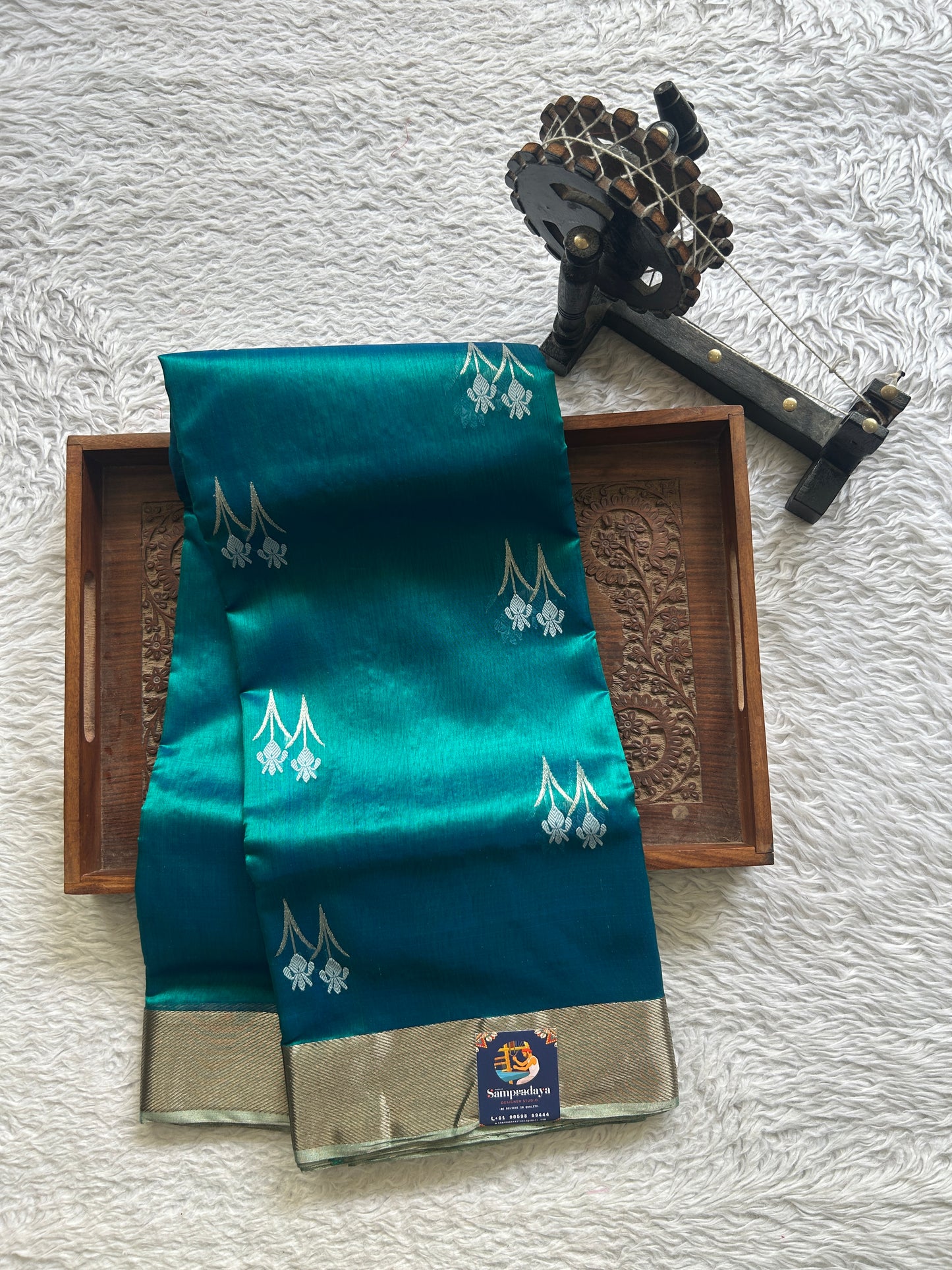 Chanderi Silk Saree Peacock Blue color Elegantly Paired with a Silver Zari border - Sampradaya Designer Studio