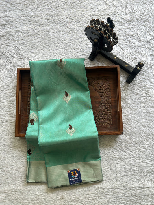 Chanderi Silk Saree Sea Green color Elegantly Paired with a Silver Zari border - Sampradaya Designer Studio