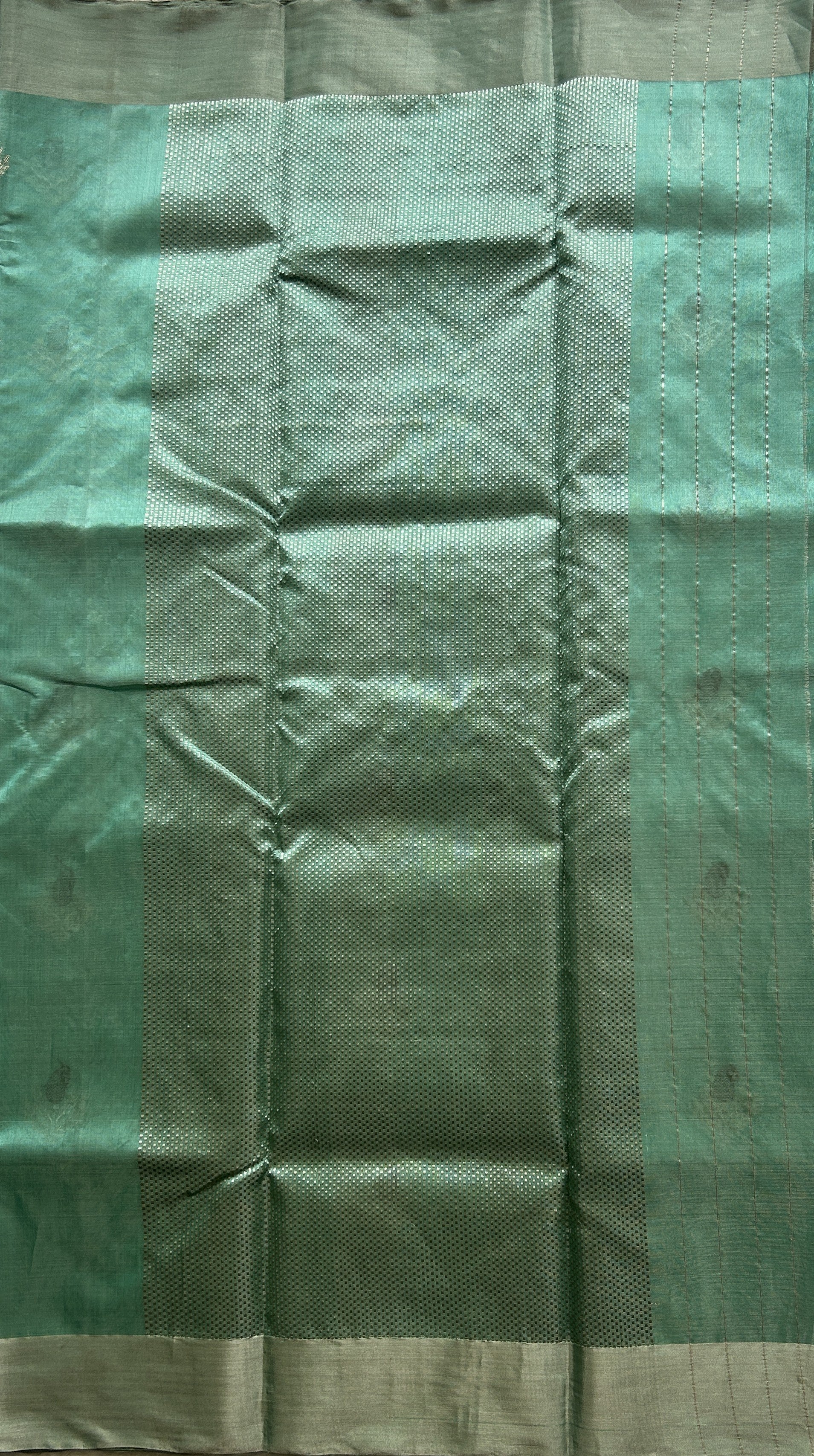Chanderi Silk Saree Sea Green color Elegantly Paired with a Silver Zari border - Sampradaya Designer Studio