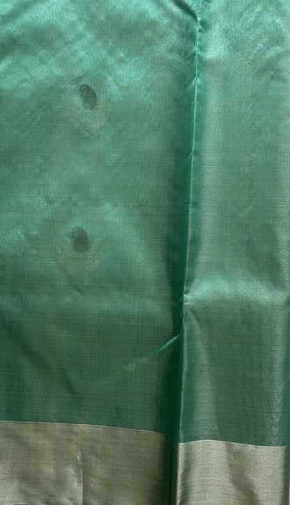 Chanderi Silk Saree Sea Green color Elegantly Paired with a Silver Zari border - Sampradaya Designer Studio