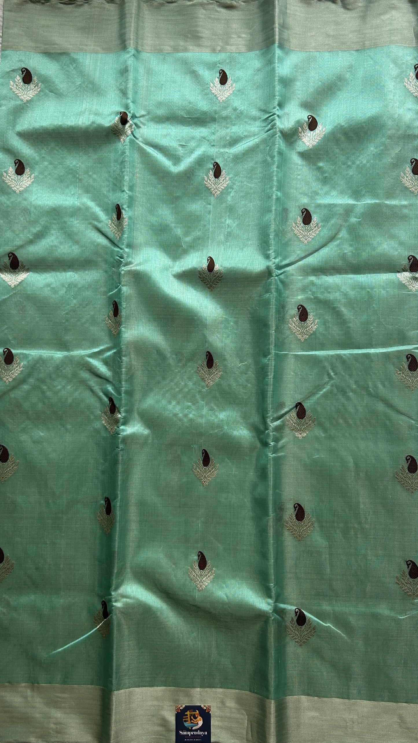 Chanderi Silk Saree Sea Green color Elegantly Paired with a Silver Zari border - Sampradaya Designer Studio