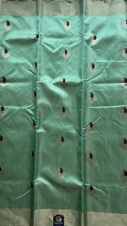 Chanderi Silk Saree Sea Green color Elegantly Paired with a Silver Zari border - Sampradaya Designer Studio