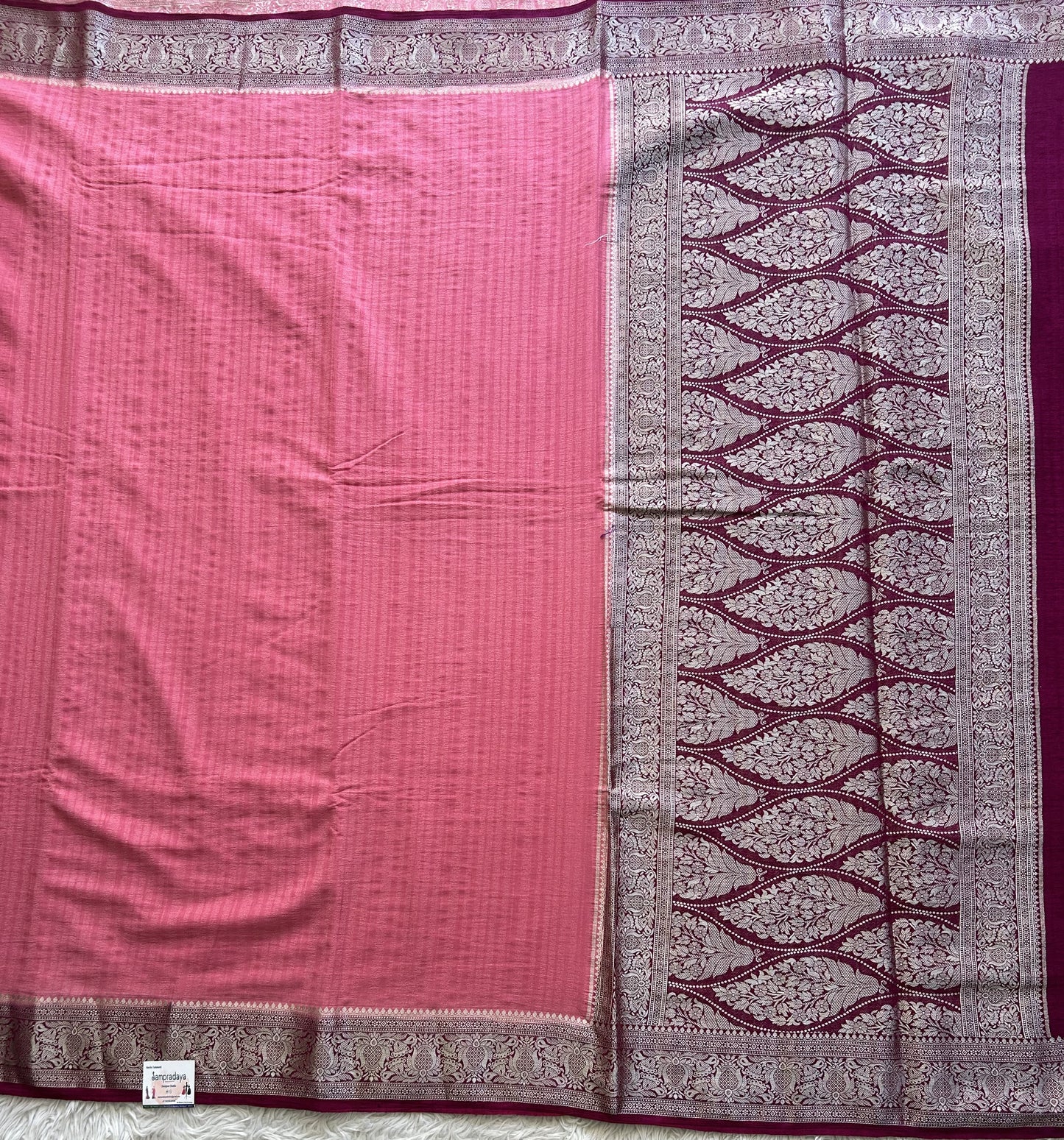Pink Banarasi Semi Tussar Georgette Saree with Sliver Zari Border — Lightweight Festive Wear - Sampradaya Designer Studio