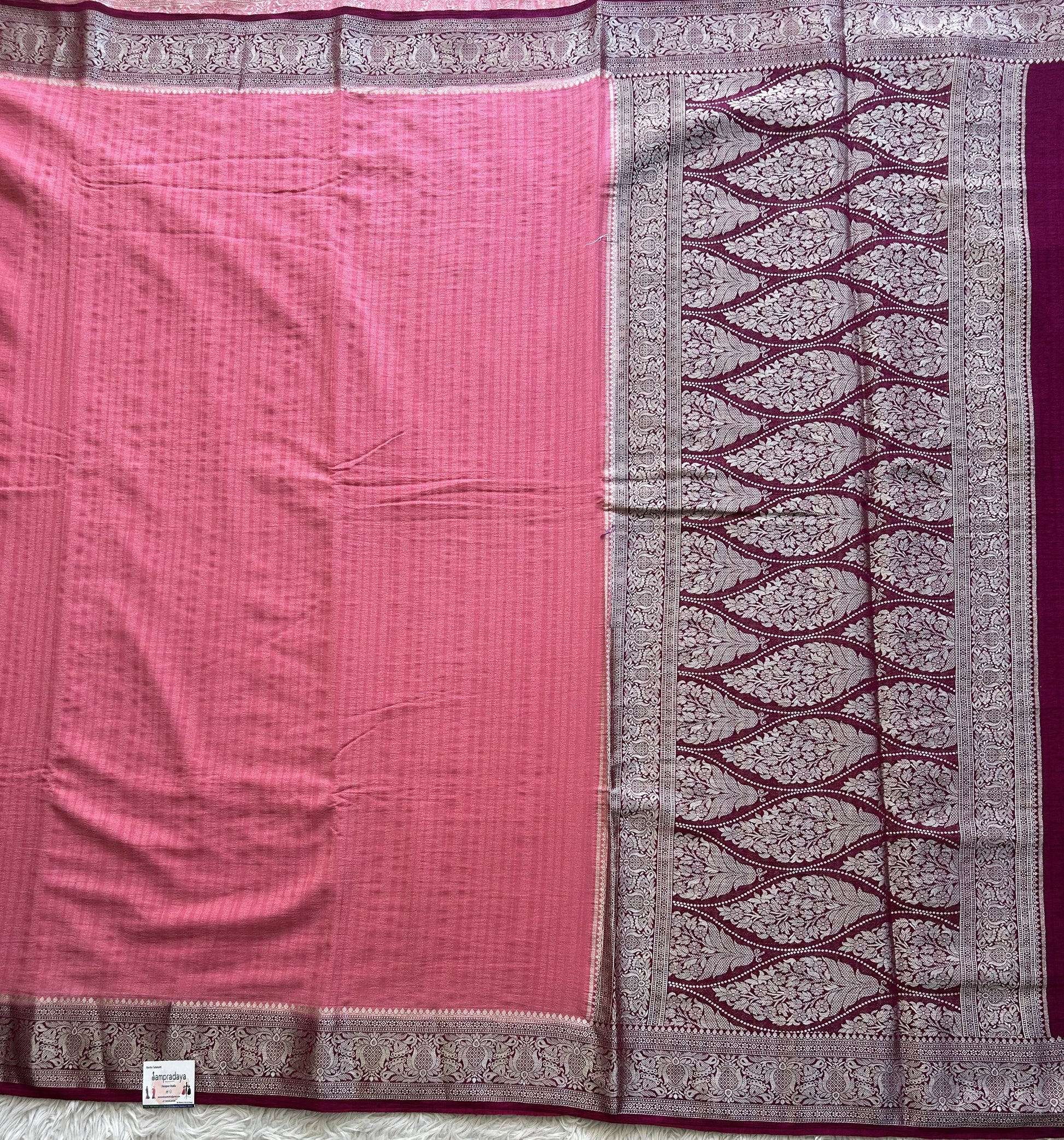 Pink Banarasi Semi Tussar Georgette Saree with Sliver Zari Border — Lightweight Festive Wear - Sampradaya Designer Studio