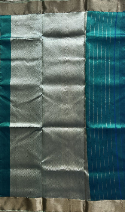 Chanderi Silk Saree Peacock Blue color Elegantly Paired with a Silver Zari border - Sampradaya Designer Studio