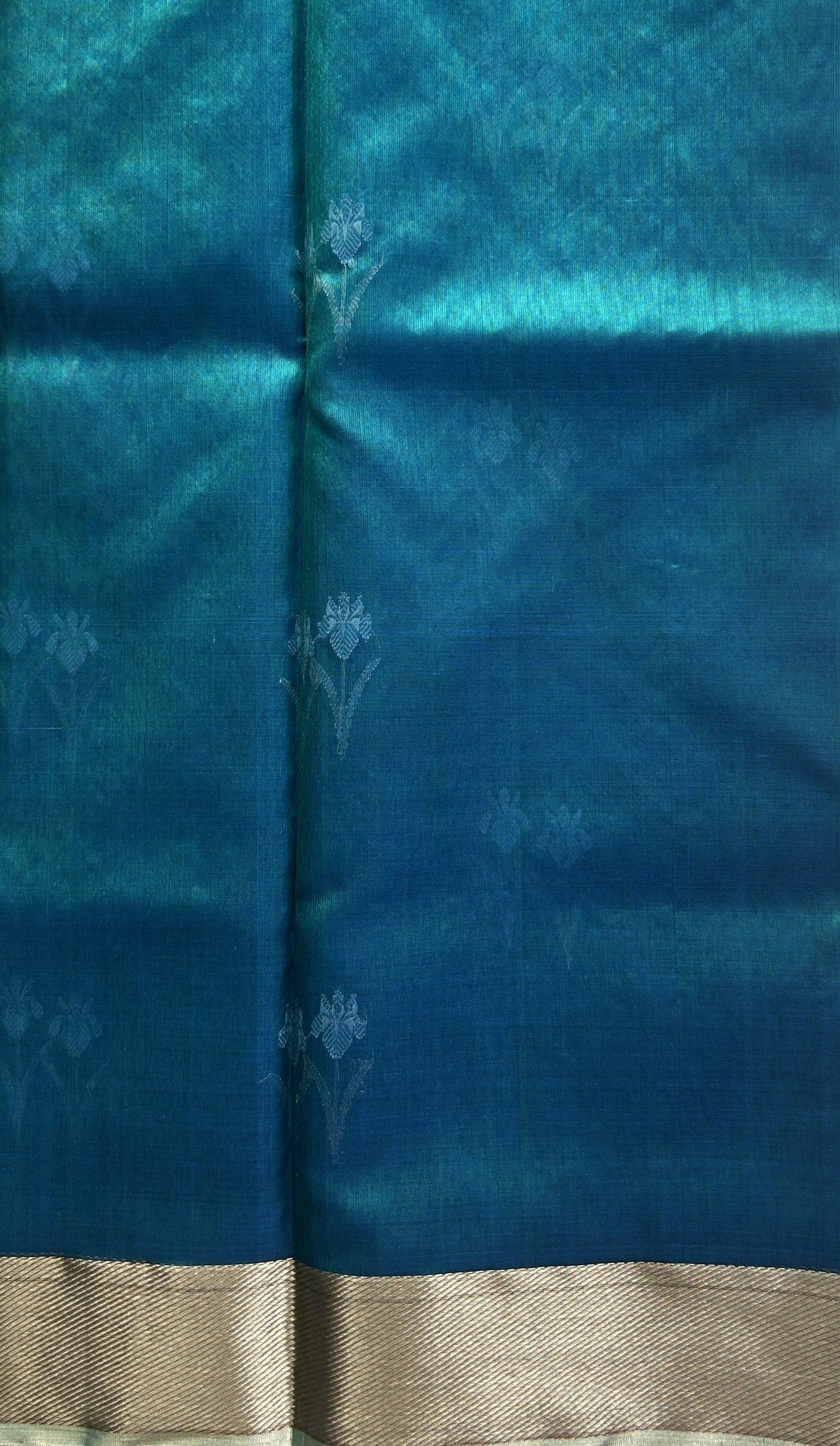 Chanderi Silk Saree Peacock Blue color Elegantly Paired with a Silver Zari border - Sampradaya Designer Studio