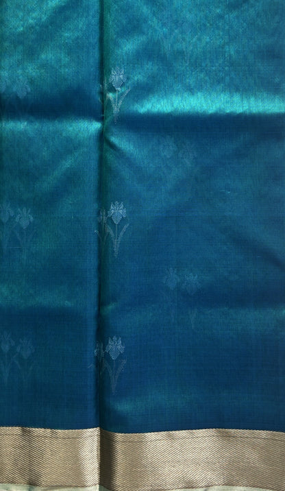 Chanderi Silk Saree Peacock Blue color Elegantly Paired with a Silver Zari border - Sampradaya Designer Studio