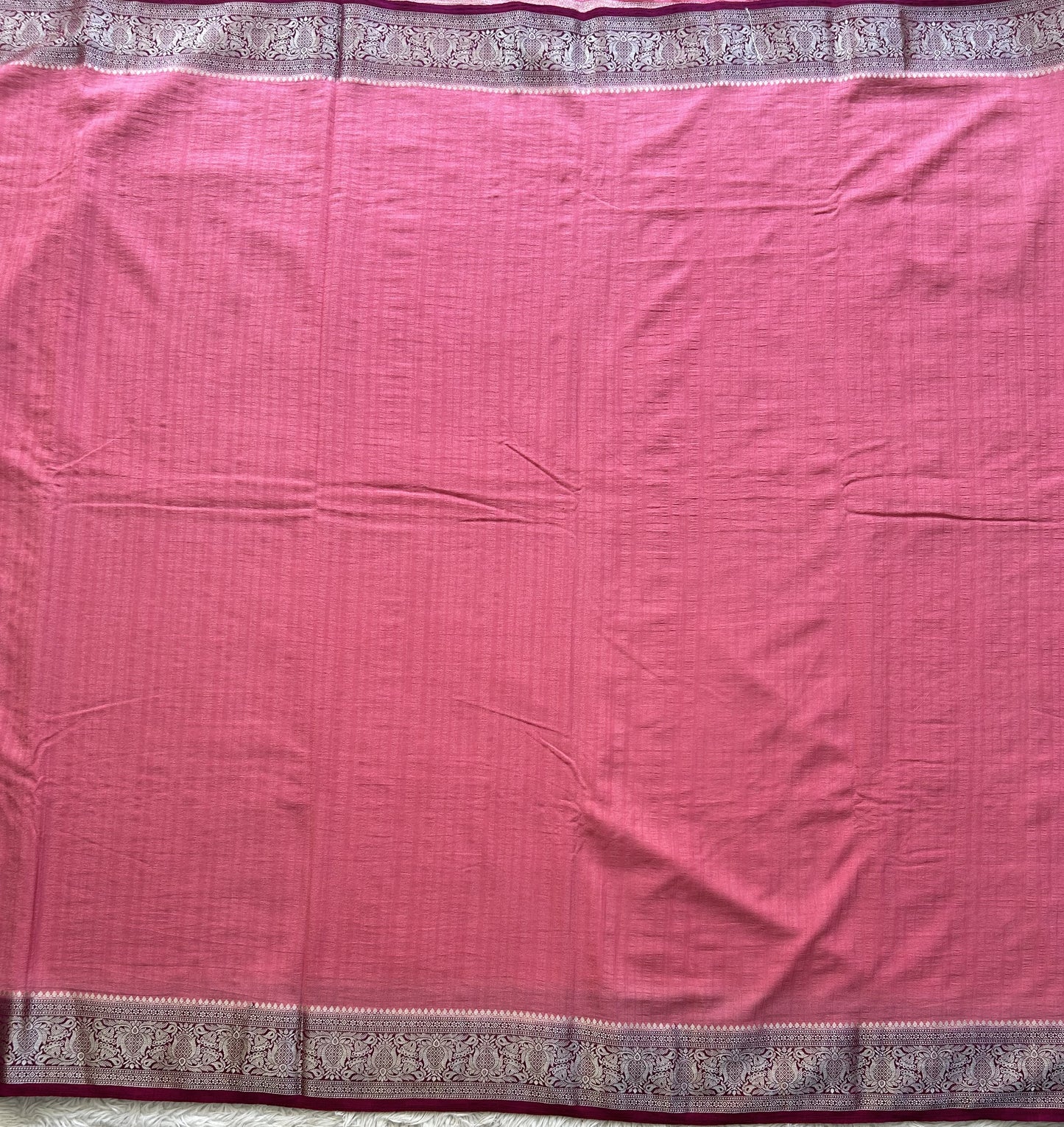 Pink Banarasi Semi Tussar Georgette Saree with Sliver Zari Border — Lightweight Festive Wear - Sampradaya Designer Studio