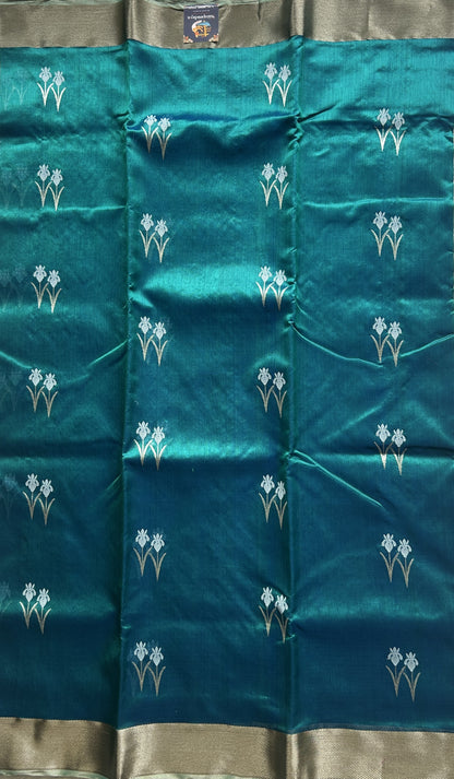 Chanderi Silk Saree Peacock Blue color Elegantly Paired with a Silver Zari border - Sampradaya Designer Studio