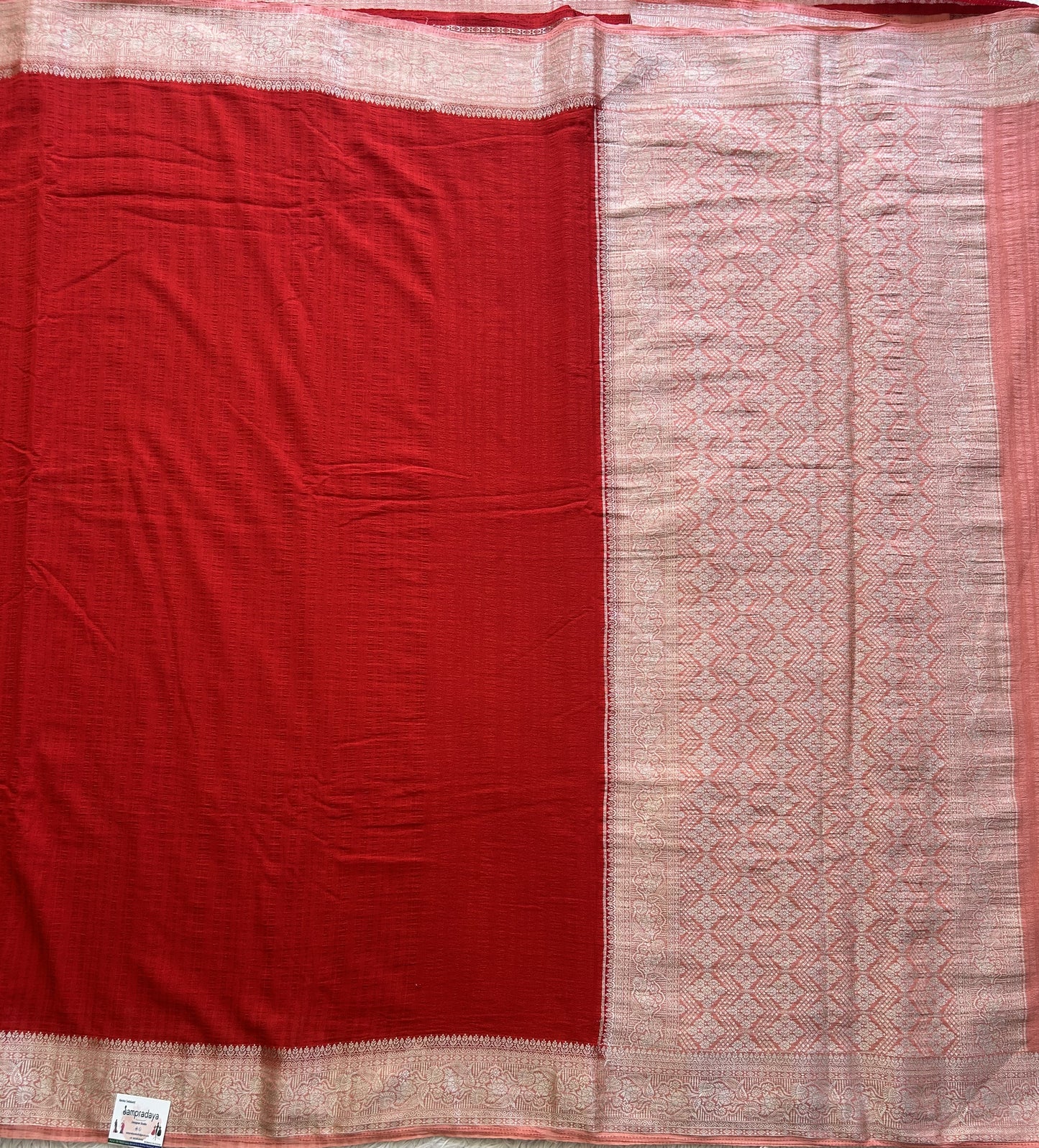 Red Banarasi Semi Tussar Georgette Saree with Sliver Zari Border — Lightweight Festive Wear