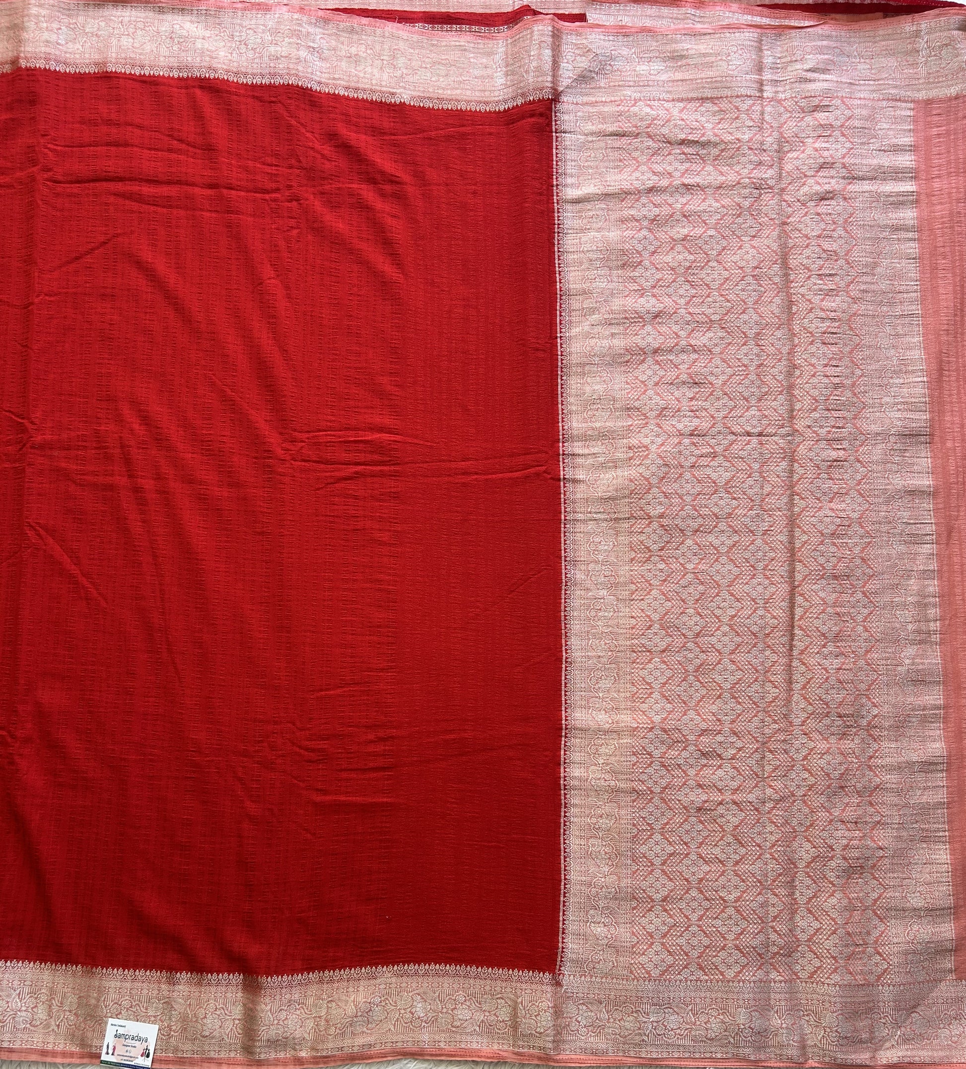 Red Banarasi Semi Tussar Georgette Saree with Sliver Zari Border — Lightweight Festive Wear - Sampradaya Designer Studio