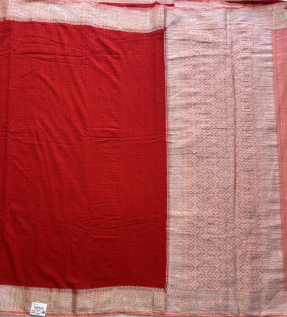 Red Banarasi Semi Tussar Georgette Saree with Sliver Zari Border — Lightweight Festive Wear