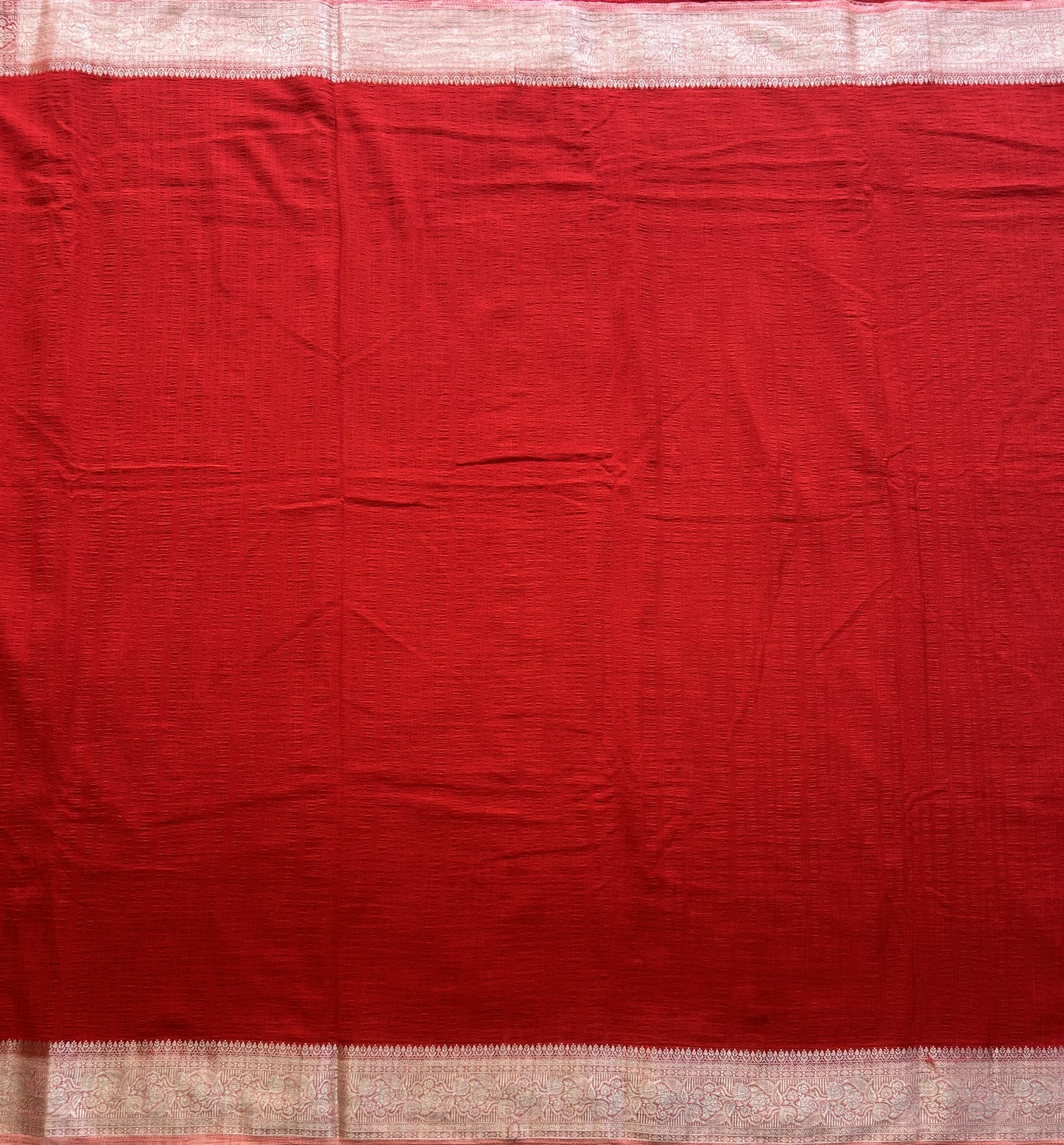 Red Banarasi Semi Tussar Georgette Saree with Sliver Zari Border — Lightweight Festive Wear