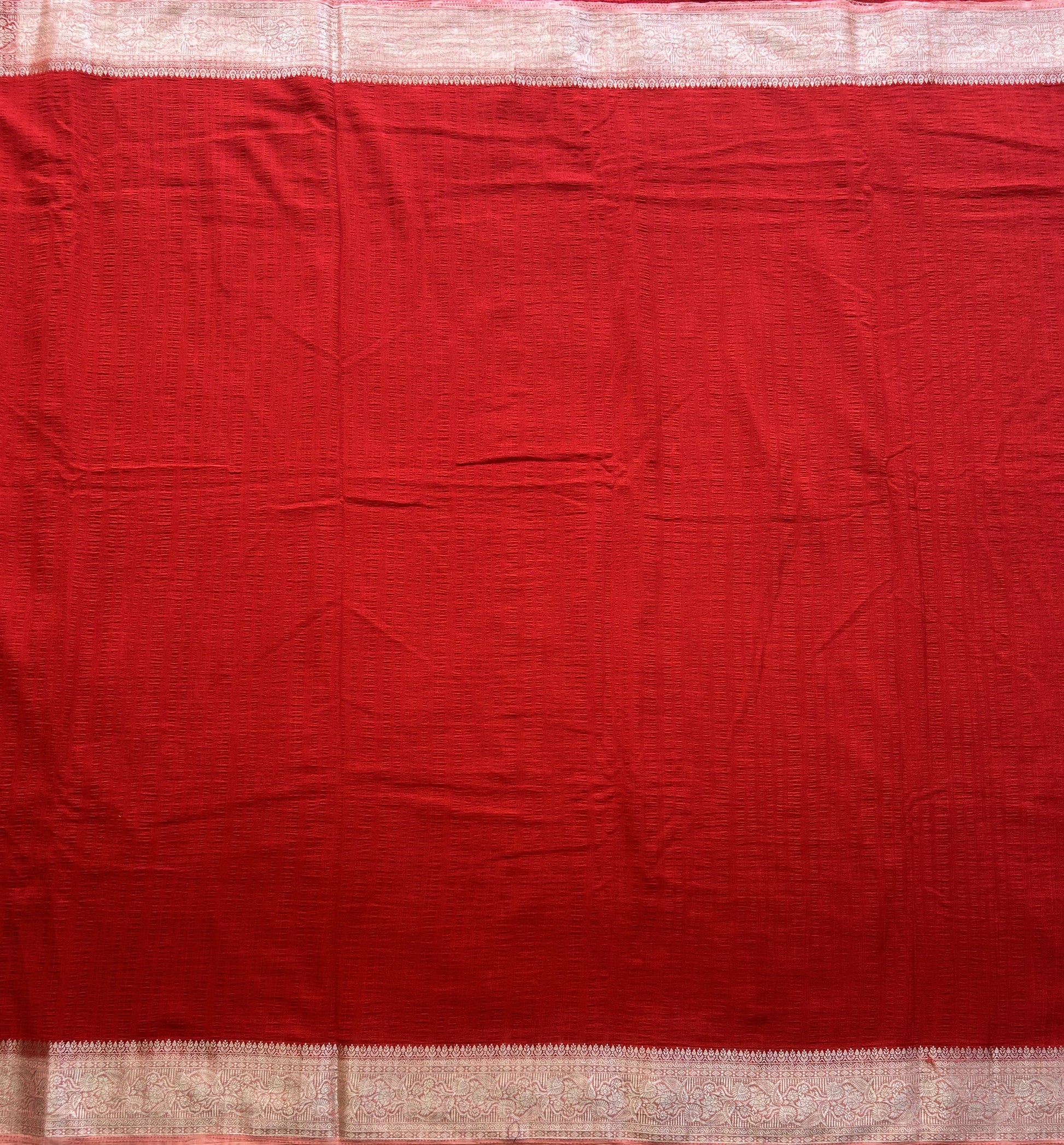 Red Banarasi Semi Tussar Georgette Saree with Sliver Zari Border — Lightweight Festive Wear - Sampradaya Designer Studio