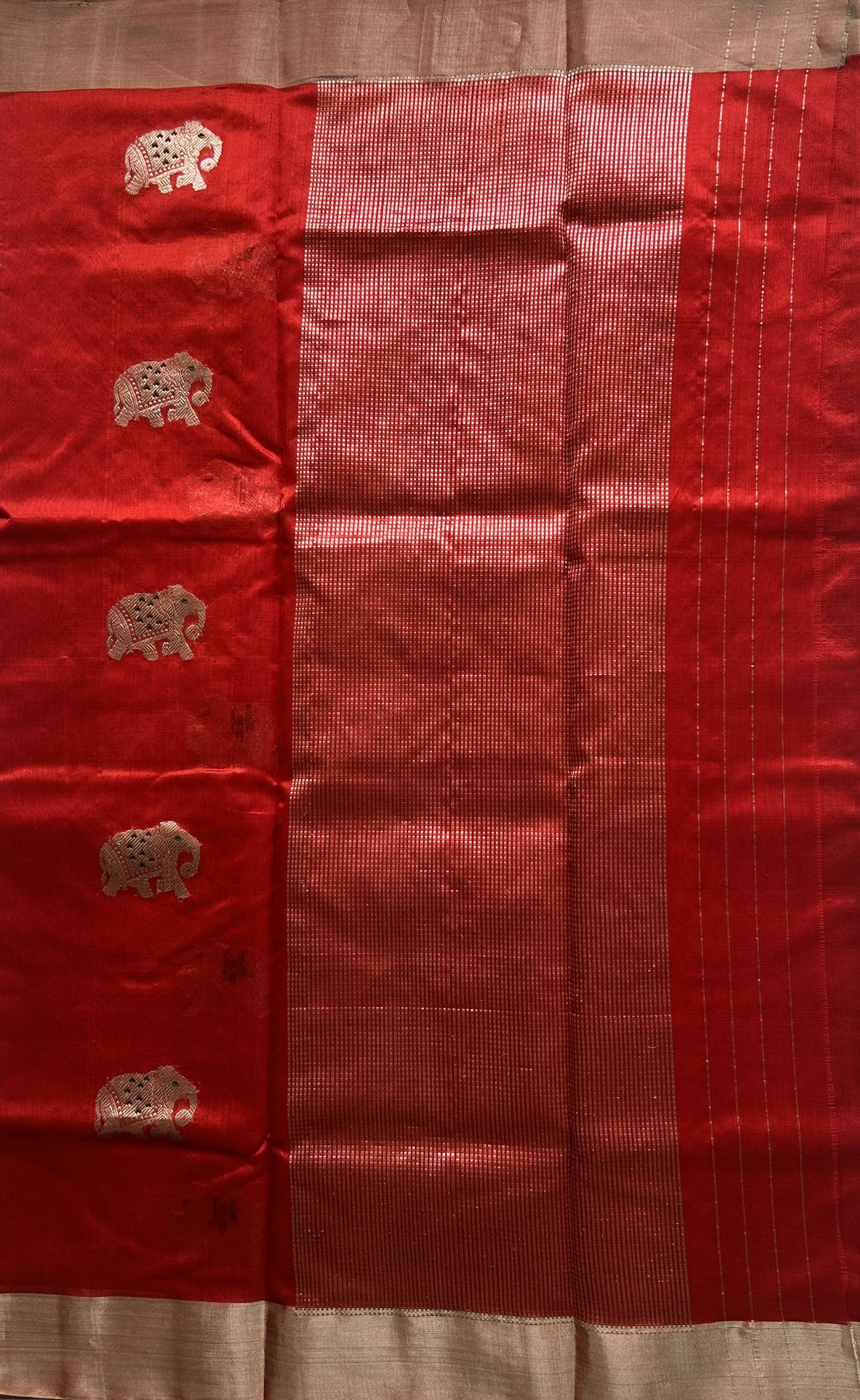 Chanderi Silk Saree Red color Elegantly Paired with a Silver Zari border - Sampradaya Designer Studio