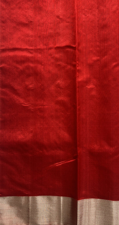 Chanderi Silk Saree Red color Elegantly Paired with a Silver Zari border - Sampradaya Designer Studio