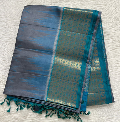 Kanjivaram Festive Soft Silk Saree Gray colored Saree complemented with a Blue Colored Kanchi border. - Sampradaya Designer Studio