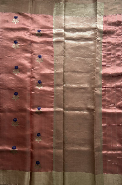 Chanderi Silk Saree Onion Pink color Elegantly Paired with a Silver Zari border - Sampradaya Designer Studio