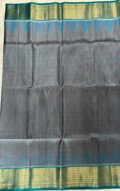 Kanjivaram Festive Soft Silk Saree Gray colored Saree complemented with a Blue Colored Kanchi border. - Sampradaya Designer Studio