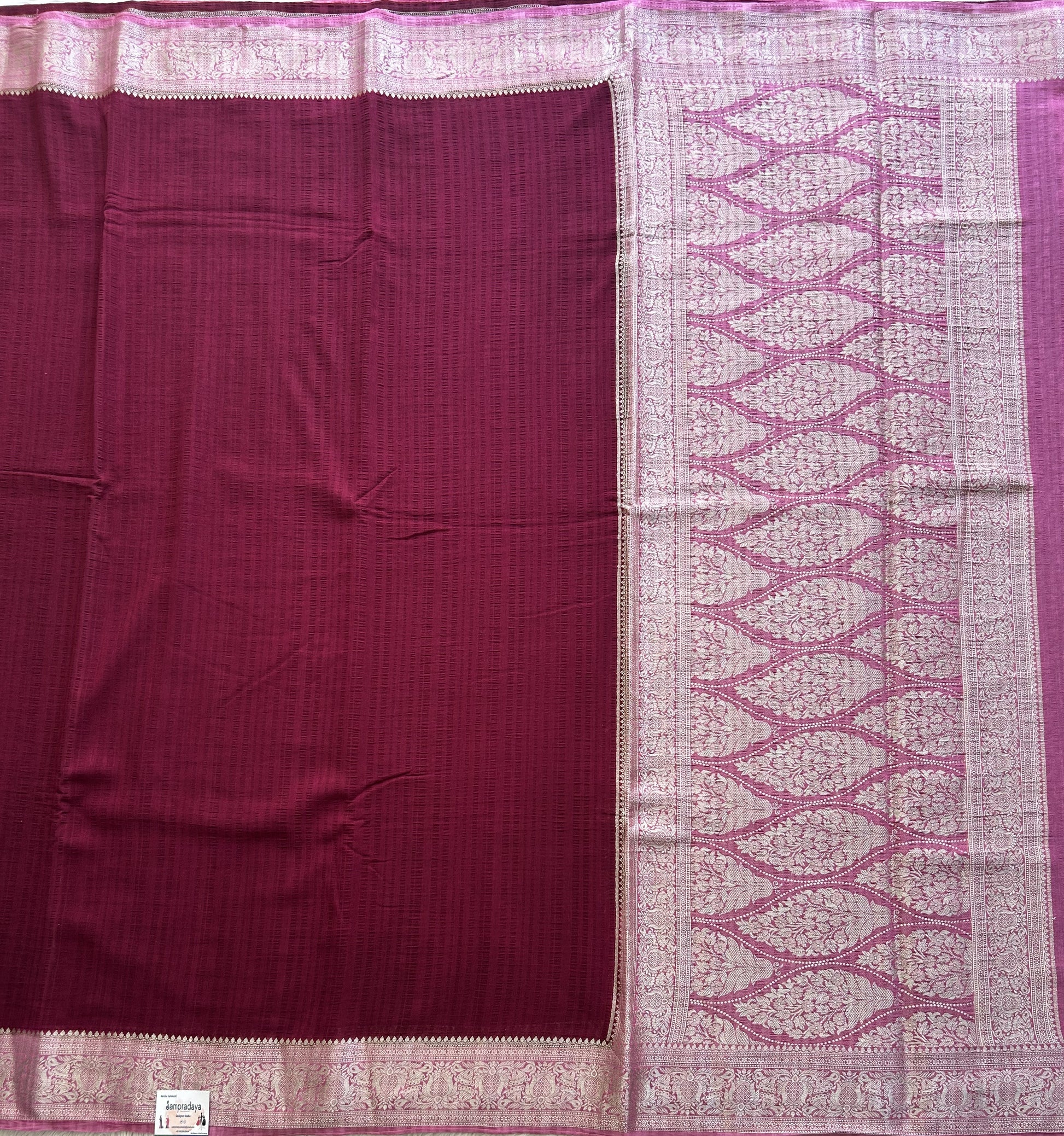 Wine Banarasi Semi Tussar Georgette Saree with Sliver Zari Border — Lightweight Festive Wear - Sampradaya Designer Studio