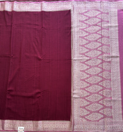 Wine Banarasi Semi Tussar Georgette Saree with Sliver Zari Border — Lightweight Festive Wear