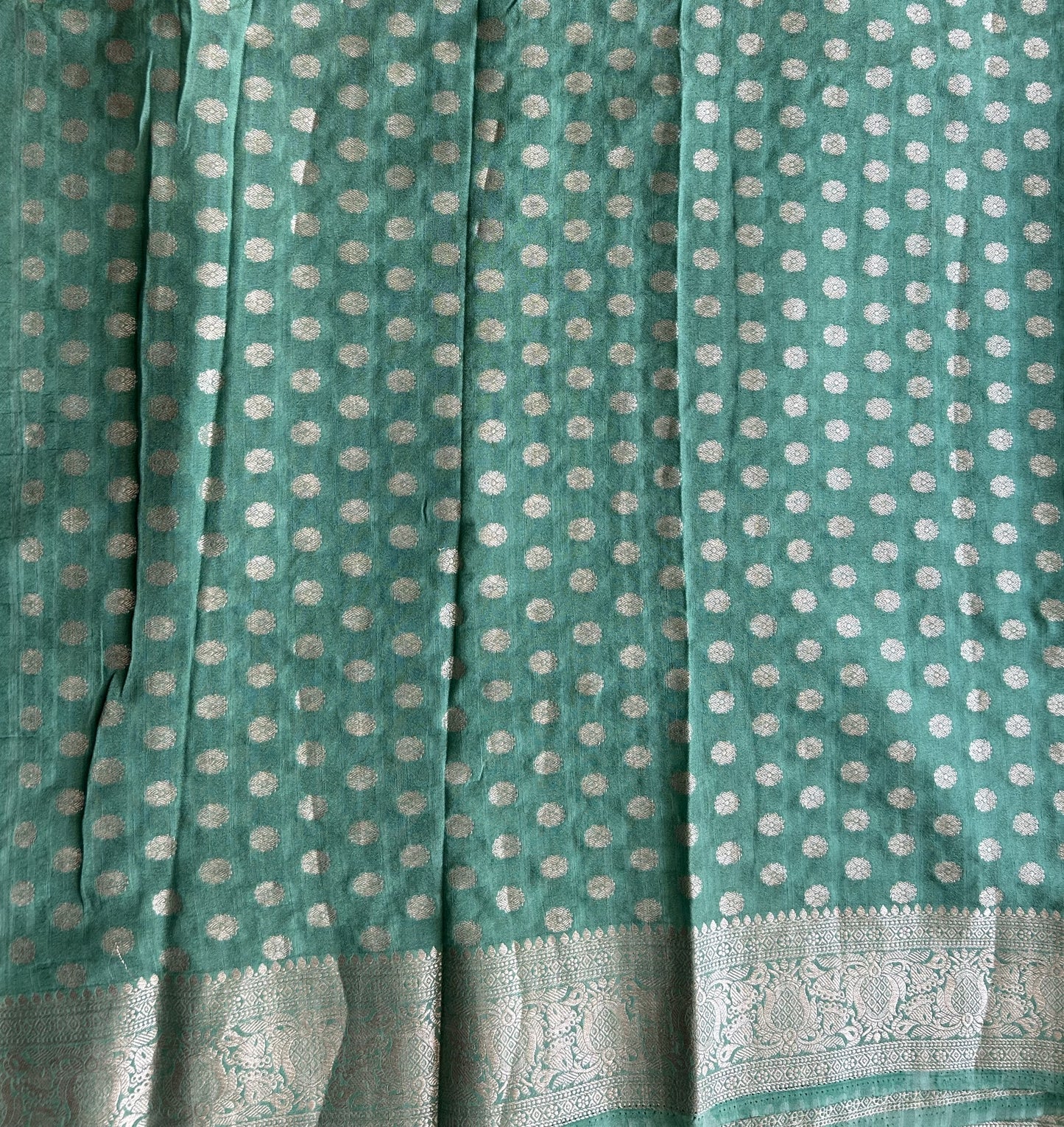 Peacock Green Banarasi Semi Tussar Georgette Saree with Sliver Zari Border — Lightweight Festive Wear