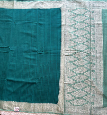 Peacock Green Banarasi Semi Tussar Georgette Saree with Sliver Zari Border — Lightweight Festive Wear
