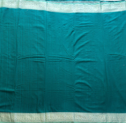 Peacock Green Banarasi Semi Tussar Georgette Saree with Sliver Zari Border — Lightweight Festive Wear