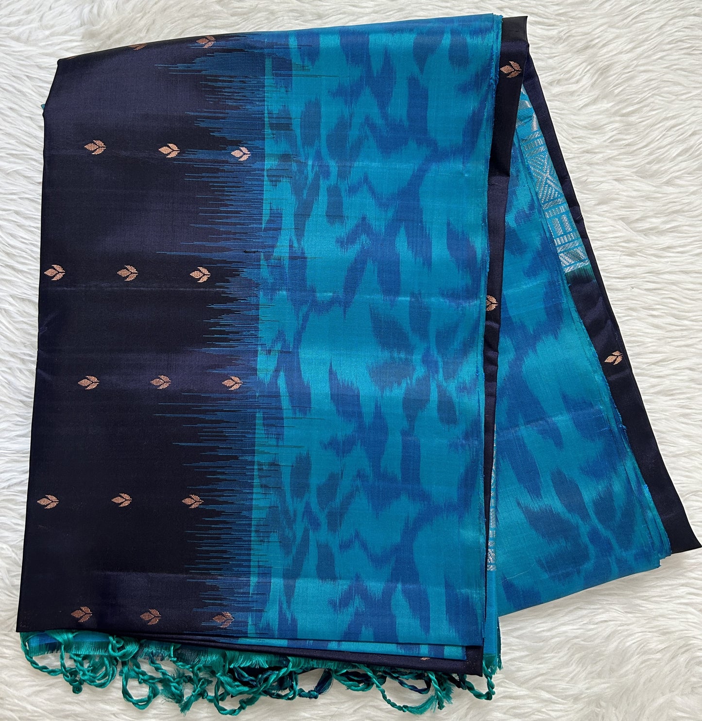 Kanjivaram Festive Soft Silk Saree Prussian Blue colored Saree complemented with a Turquoise Blue Colored Pochampally border. - Sampradaya Designer Studio