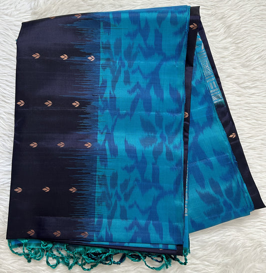 Kanjivaram Festive Soft Silk Saree Prussian Blue colored Saree complemented with a Turquoise Blue Colored Pochampally border. - Sampradaya Designer Studio