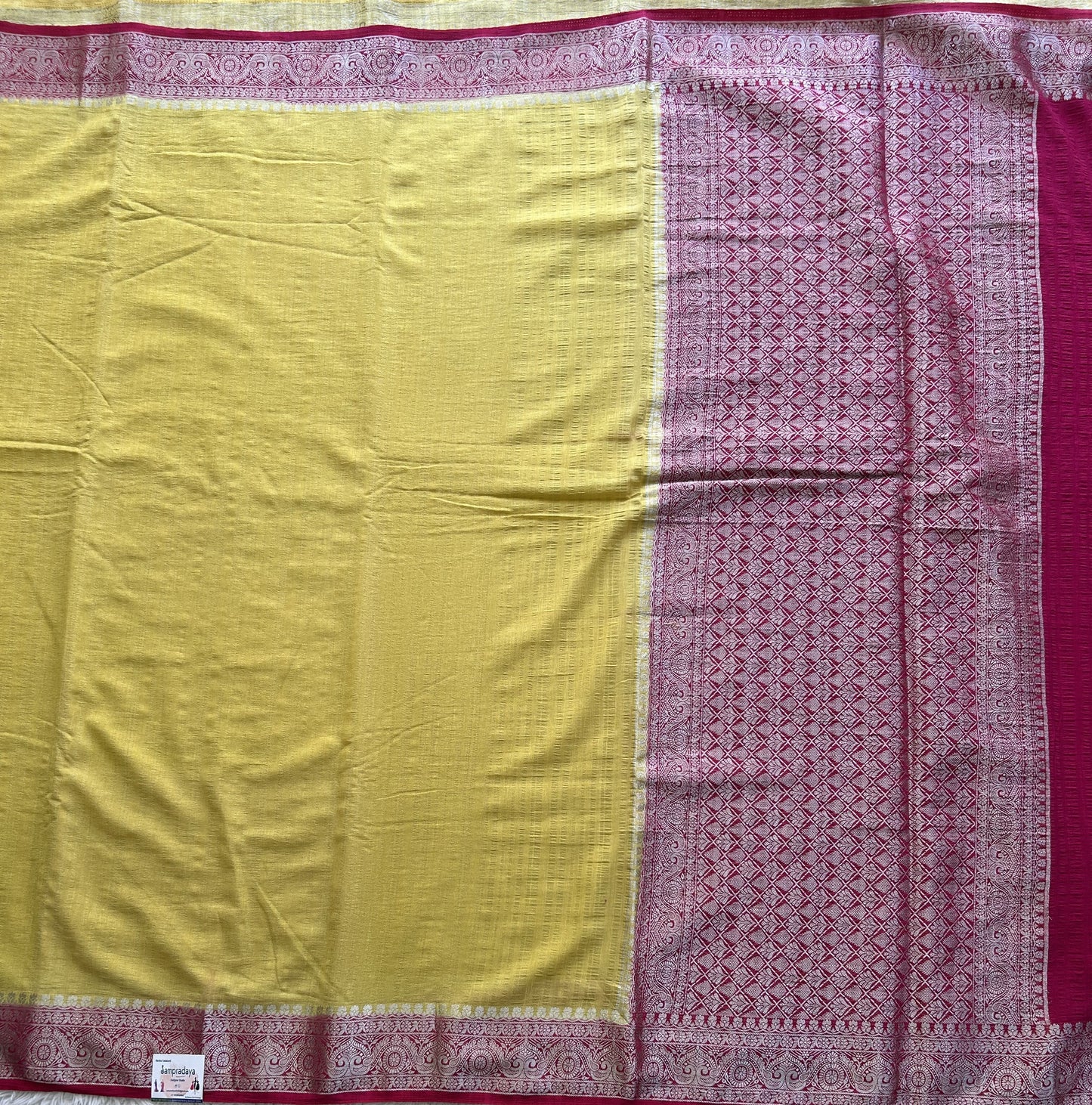 Lemon Yellow Banarasi Semi Tussar Georgette Saree with Sliver Zari Border — Lightweight Festive Wear