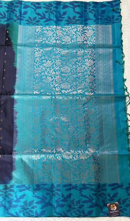 Kanjivaram Festive Soft Silk Saree Prussian Blue colored Saree complemented with a Turquoise Blue Colored Pochampally border. - Sampradaya Designer Studio