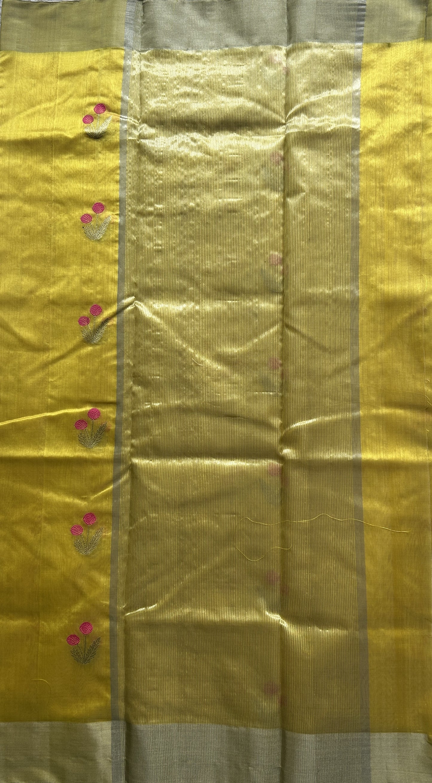 Chanderi Silk Saree Yellow color Elegantly Paired with a Silver Zari border - Sampradaya Designer Studio