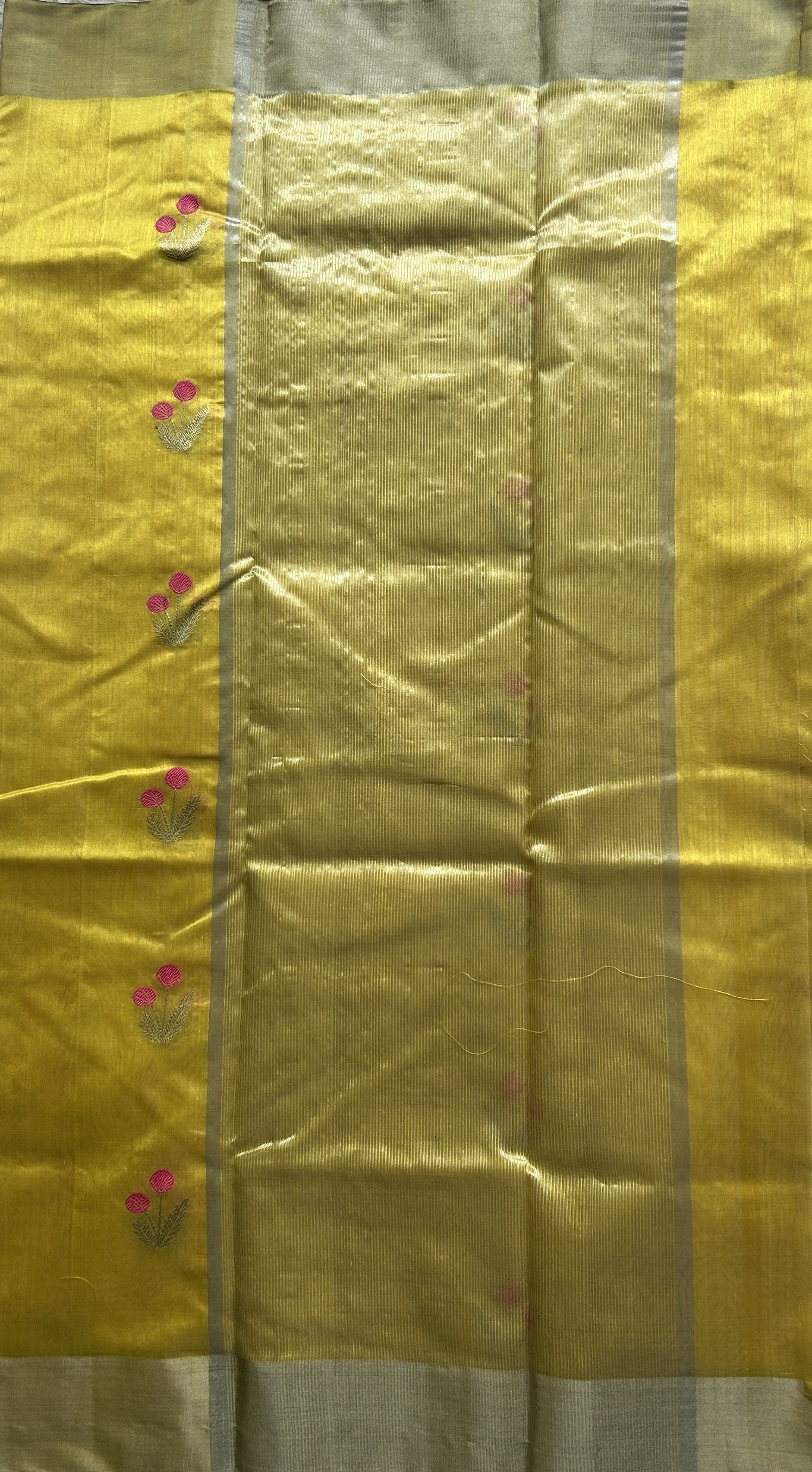 Chanderi Silk Saree Yellow color Elegantly Paired with a Silver Zari border - Sampradaya Designer Studio