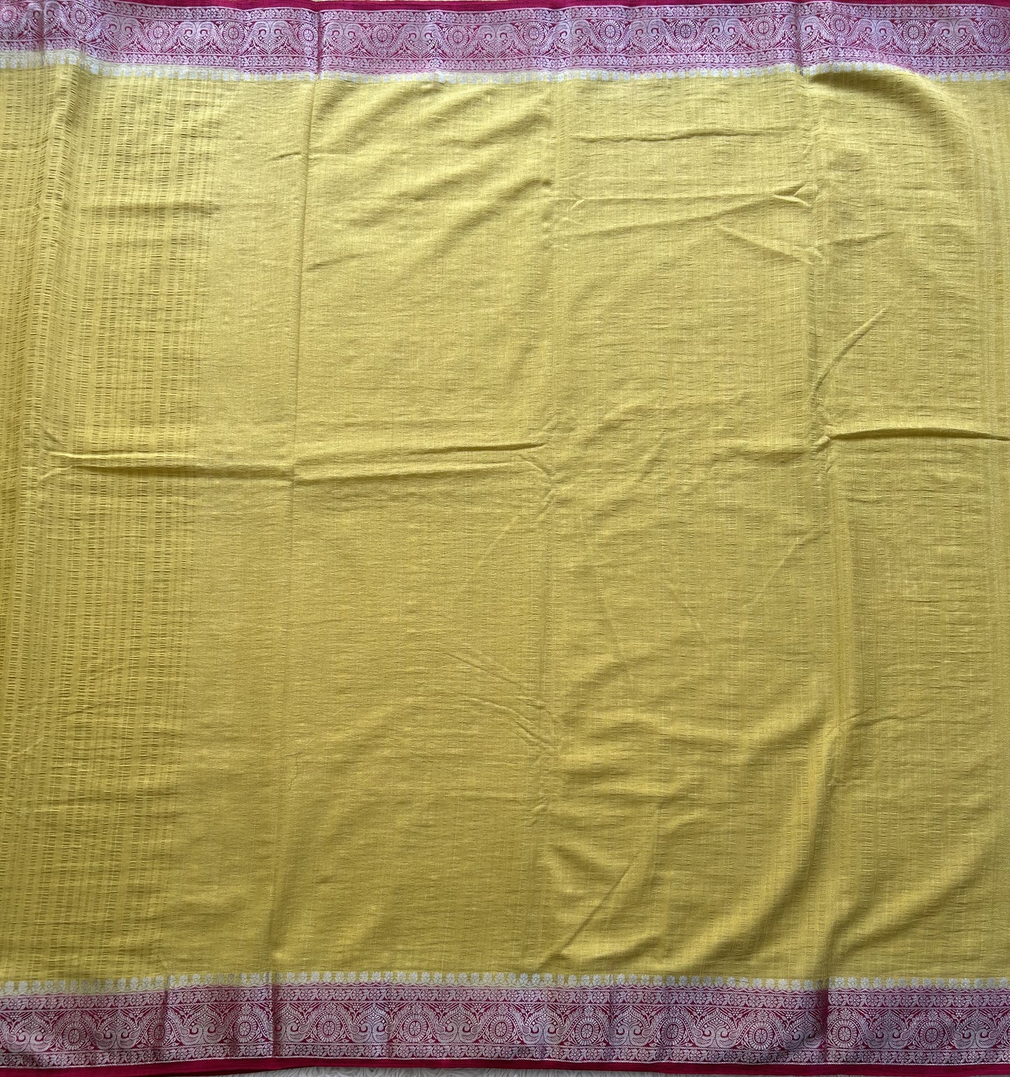 Lemon Yellow Banarasi Semi Tussar Georgette Saree with Sliver Zari Border — Lightweight Festive Wear