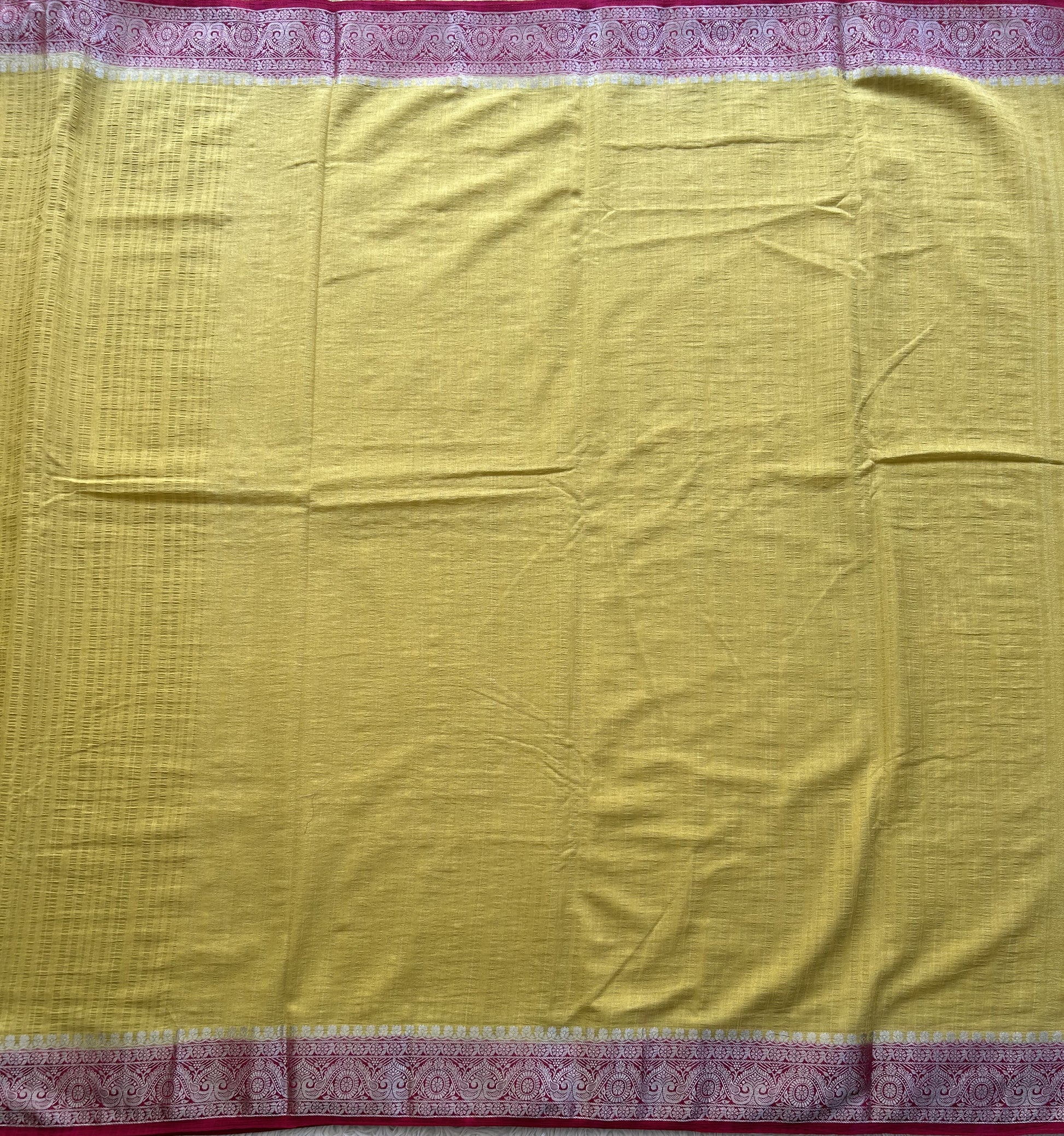 Lemon Yellow Banarasi Semi Tussar Georgette Saree with Sliver Zari Border — Lightweight Festive Wear - Sampradaya Designer Studio