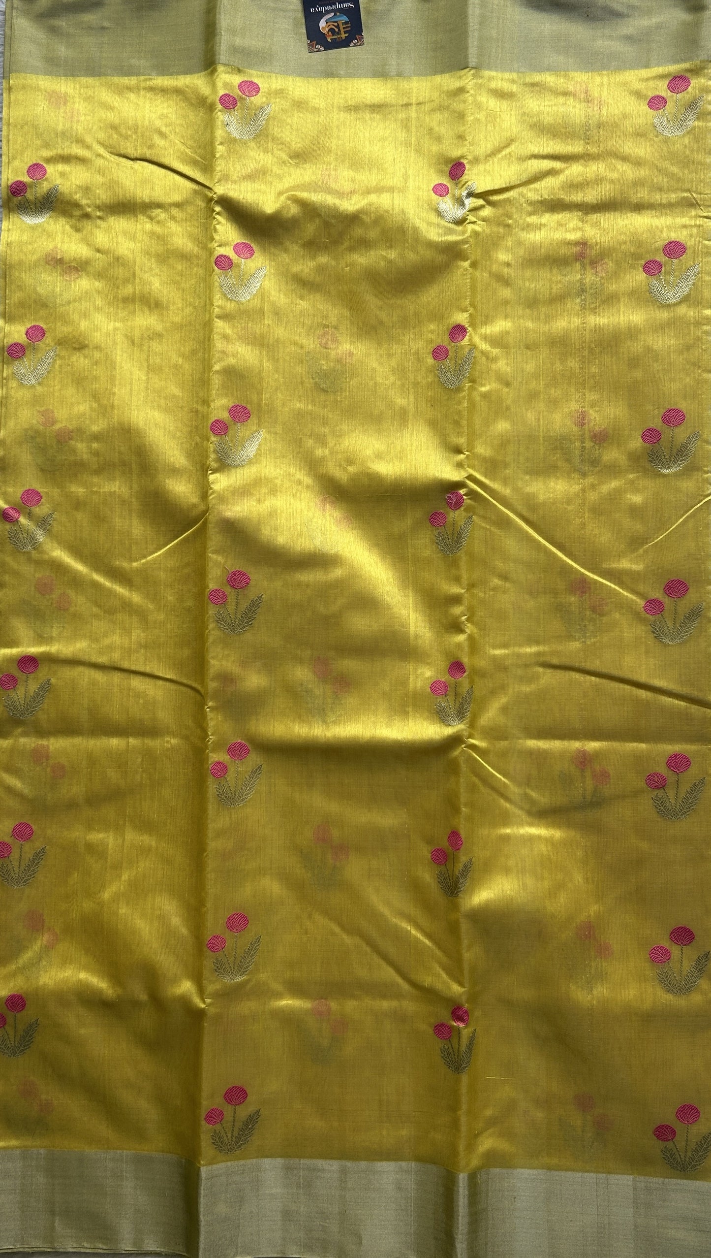 Chanderi Silk Saree Yellow color Elegantly Paired with a Silver Zari border - Sampradaya Designer Studio