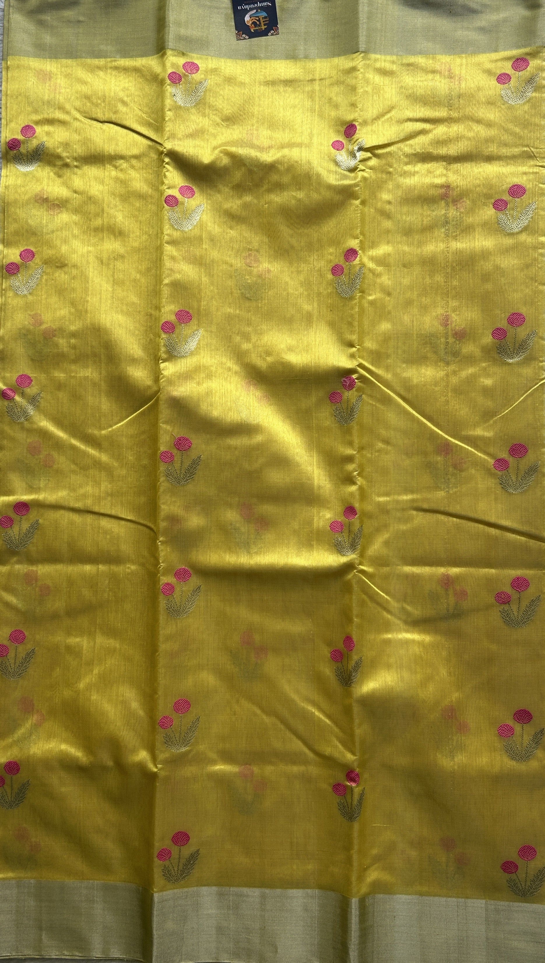 Chanderi Silk Saree Yellow color Elegantly Paired with a Silver Zari border - Sampradaya Designer Studio